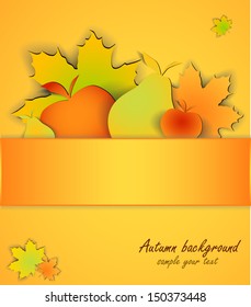 Autumn background with leaves, apples and pears from the paper