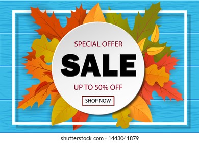 Autumn background with leaves. Banner of sale for website with frame. Sale tag. Sale promotional material. Design for website eps10