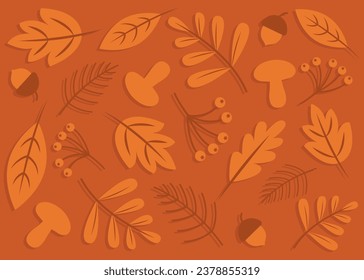 Autumn background with leaves, berries, acorns, mushrooms, twigs in vector. Flat style.