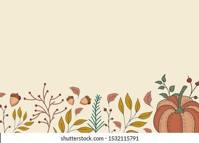 Autumn background with leaves, berries, pumpkins and acorns. Vector color illustration. Horizontal background. Autumn festival