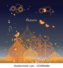 Autumn background with leaves ,birds and trees with place for your text