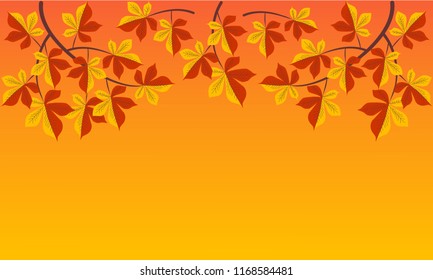 Autumn background with leaves and branch chestnuts.