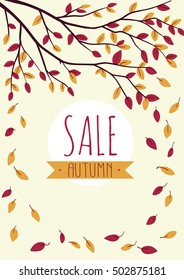 Autumn background with leaves. Bright vertical sale poster. Sale banner. Flat illustration of tree with falling leaf and sticker. Simple design for sale with text. Yellow and red colors in a design. 