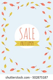 Autumn background with leaves. Bright vertical sale poster. Sale banner. Flat illustration of tree with falling leaf and sticker. Simple design for sale with text. Blue soft colors in a design. 