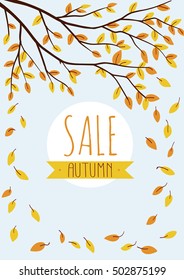 Autumn background with leaves. Bright vertical sale poster. Sale banner. Flat illustration of tree with falling leaf and sticker. Simple design for sale with text. Blue soft colors in a design. 