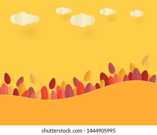 Autumn background with leaves and clouds on yellow, design for sale banner poster and web design, Paper art style, vector illustration