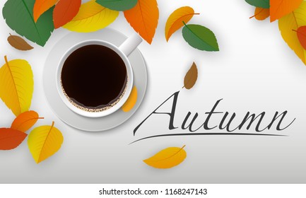 Autumn background with leaves and coffee.
