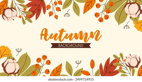 Autumn background with leaves, cotton, tree leaves, branches.  Hand draw illustration in flat style. Background for banner, cards, website.  Flat background of autumn