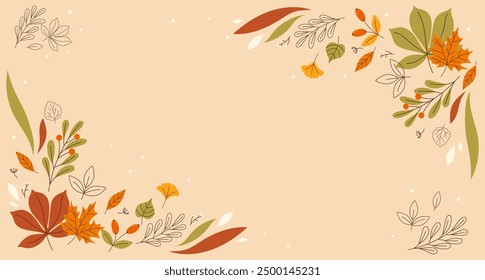 Autumn background with leaves, cotton, tree leaves, branches. Hand draw illustration in flat style. Background for banner, cards, website. Flat background of autumn