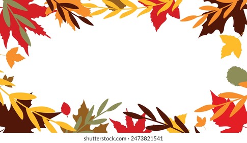 Autumn background with leaves of different shapes. Illustration design for business presentations, poster, flyer, print. Horizontal frame. Thanksgiving Day. Blank template.  EPS10
