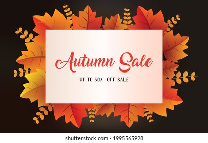 Autumn background with leaves golden yellow with square frames, and discounted letters. fall concept,For wallpaper, postcards, greeting cards, website pages, banners, online sales. Vector illustration