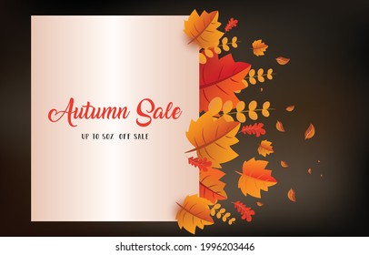 Autumn background with leaves golden yellow with square frames, and discounted letters. fall concept,For wallpaper, postcards, greeting cards, website pages, banners, online sales. Vector illustration