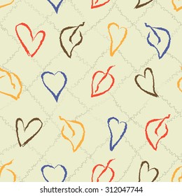 Autumn background. The leaves and hearts drawn with a brush in Illustrator. Seamless pattern. Use for printing on fabric, wrapping paper or as a Wallpaper on your desktop computer.