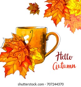 Autumn background with leaves and hot drink.