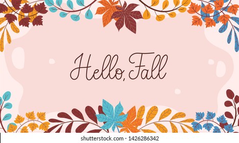 Herbsthintergrund mit Blättern und hallo Herbst. Herbstvektorhintergrund im trendigen Stil. Saisonale Banner oder Grußkarte für Herbstrabatte, Promotionen oder Einladung.