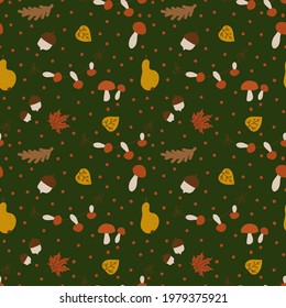 Autumn background with leaves and mushrooms. leaves, pears, mushrooms, acorns. Vector autumn Doodle poster. Cozy autumn pattern for textiles. Vector illustration