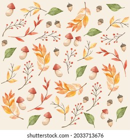 autumn background with leaves, nuts, mushrooms