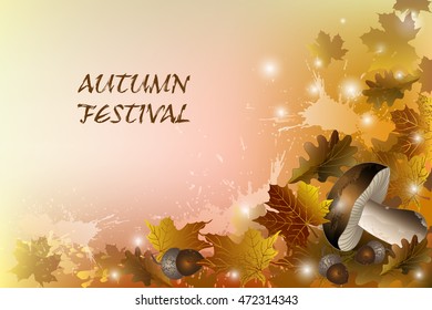 Autumn background with the leaves of oak and maple, mushrooms and acorns in a watercolor style. Vector illustration.