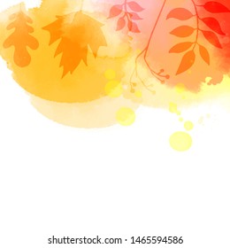 Autumn background with leaves on watercolor texture. Hand drawn orange backdrop