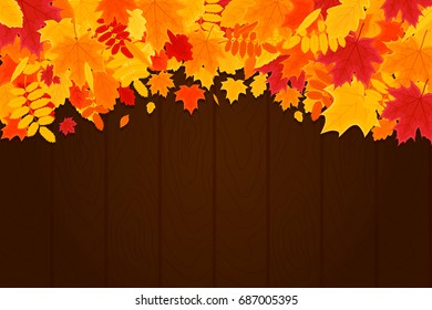 Autumn Background with Leaves on Wood Texture. Vector Illustration Horizontal Banner.