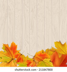 Autumn background with autumn leaves on wooden surface, vector illustration