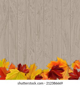 Autumn background with autumn leaves on wooden surface, vector illustration