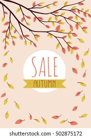 Autumn background with leaves. Peach vertical sale poster. Sale banner. Flat illustration of tree with falling leaf and  sticker. Simple design for sale with text. Yellow and peach pastel colors. 