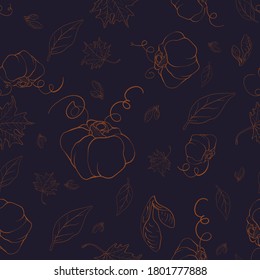 Autumn background with leaves and pumpkin. Line drawing.
Multicolored autumn leaves seamless pattern with texture. Stylish background, textile or wrapping paper design. Vector illustration