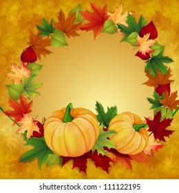 Autumn background with leaves and pumpkins