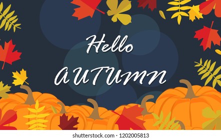 Autumn Background Leaves Pumpkins Hello Autumn Stock Vector (Royalty ...