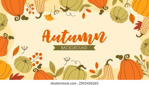 Autumn background with leaves, pumpkins, tree leaves, branches. Hand draw illustration in flat style. Background for banner, cards, website. Flat background of autumn