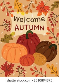 Autumn Background with Leaves and Pumpkins, Watercolor Vector Illustration,  Pumpkin Autumn, Welcome Autumn