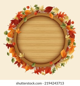 Autumn background with leaves and round wooden table, thanksgiving frame template background vector, autumn concept 2022