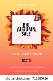 Autumn Background with leaves for shopping sale or promo poster and frame leaflet or web banner. Vector illustration template