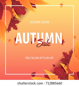 Autumn Background with leaves for shopping sale or promo poster and frame leaflet or web banner. Vector illustration template