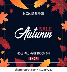 Autumn Background with leaves for shopping sale or promo poster and frame leaflet or web banner. Vector illustration template