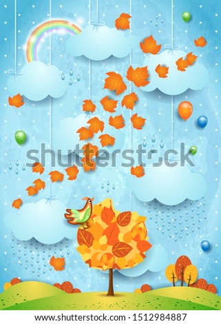 Autumn background with leaves, tree and bird. Vector illustration eps10
