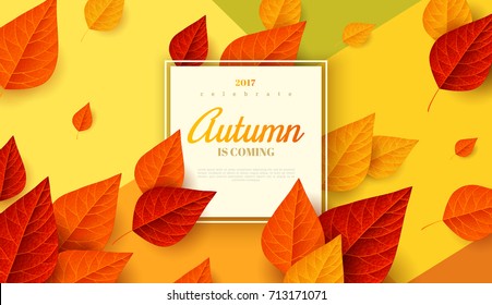 Autumn background with leaves. Vector illustration. Square frame with place for text on trendy geometric backdrop. Fall template design for posters, flyers, brochures or vouchers. 