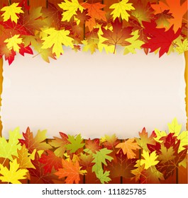 Autumn background with leaves, wood boards and cardboard banner