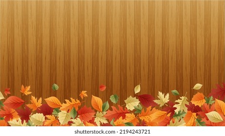 Autumn background with leaves and wooden table, thanksgiving frame template background vector, autumn concept 2022