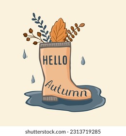 Autumn background with lettering hand draw. Set of autumn elements leaves, berries, fruits, vegetables, mushrooms, acorns.Vector illustration in doodle style.