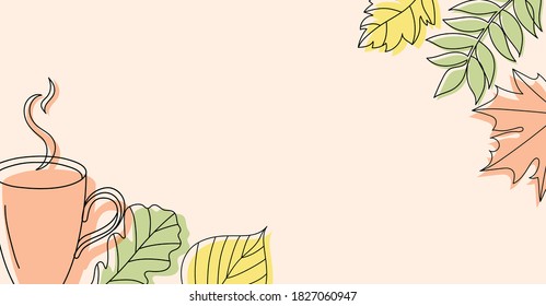 Autumn background in linear style with a cup and some leaves. On a pink background.
