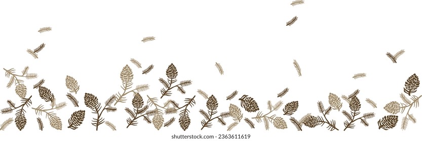Autumn background with long horizontal border made of leaves and pinecones, autumn fall isolated on the background. Hello autumn vector illustration