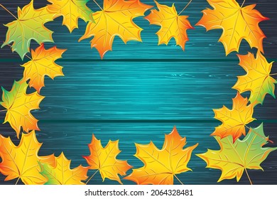 Autumn background, maple leaf leaves red yellow, green on dark green wood wooden texture vector illustration