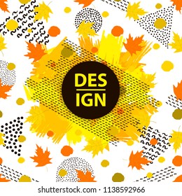 Autumn background with maple leaves brush strokes and geometric figures. Vector illustration