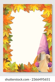 Autumn background with maple leaves and cute gnome and pumpkin in fall colors. Autumn greeting card perfect for prints, flyers, banners, invitations, promotions, etc. Vector fall illustration.
