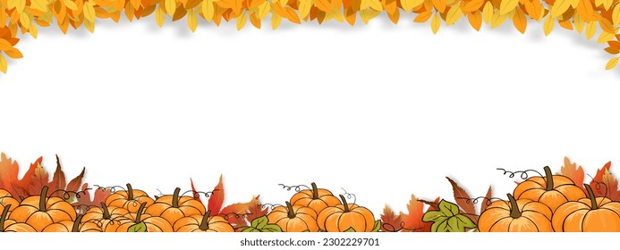 Autumn background with maple leaves frame and pumpkin on white background,Vector Wide banner Autumnal design for Thanksgiving festival,Fall Sale,Discount or Promotion