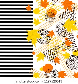 Autumn background with maple leaves and geometric figures. Vector illustration