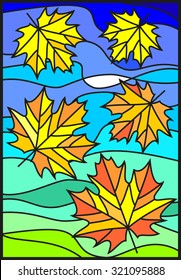 Autumn background. Maple leaves on blue sky background in stained glass style. Stained glass window, vertical. Vector illustration. Can be used for flayers, banners, posters.