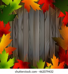 Autumn background with maple leaves on wooden surface 
